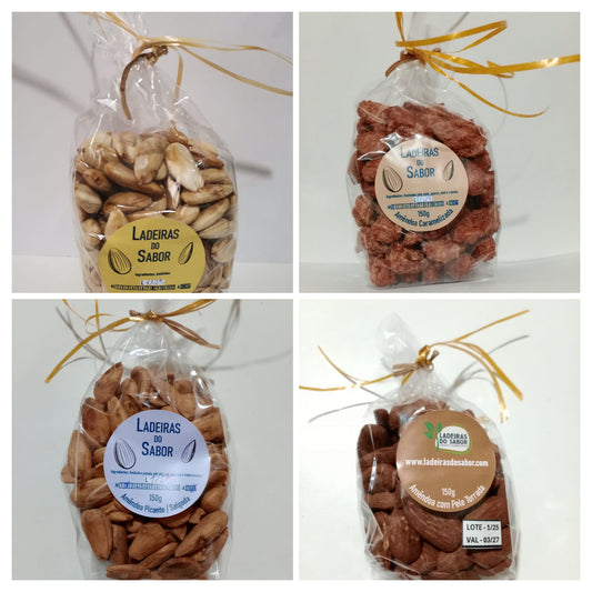 Amêndoa torrada com e sem pele, picante/salgada e caramelizada (150g)